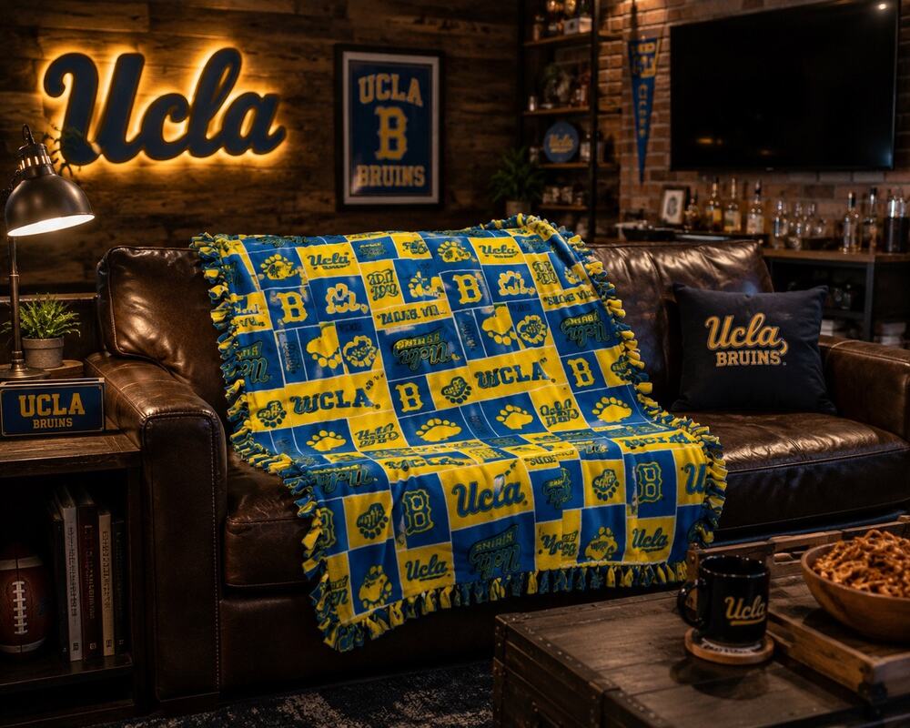 UCLA Bruins Fleece Tie Blanket Throw Blue Gold Fan Man Cave Game Day Dorm Decor